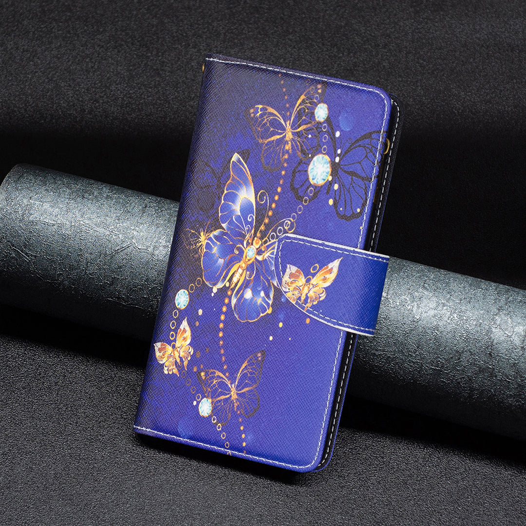 BF03 Zipper Pocket Phone Cover for iPhone 15 Pro Max , Pattern Printing Stand PU Leather Wallet Case - Purple Butterflies