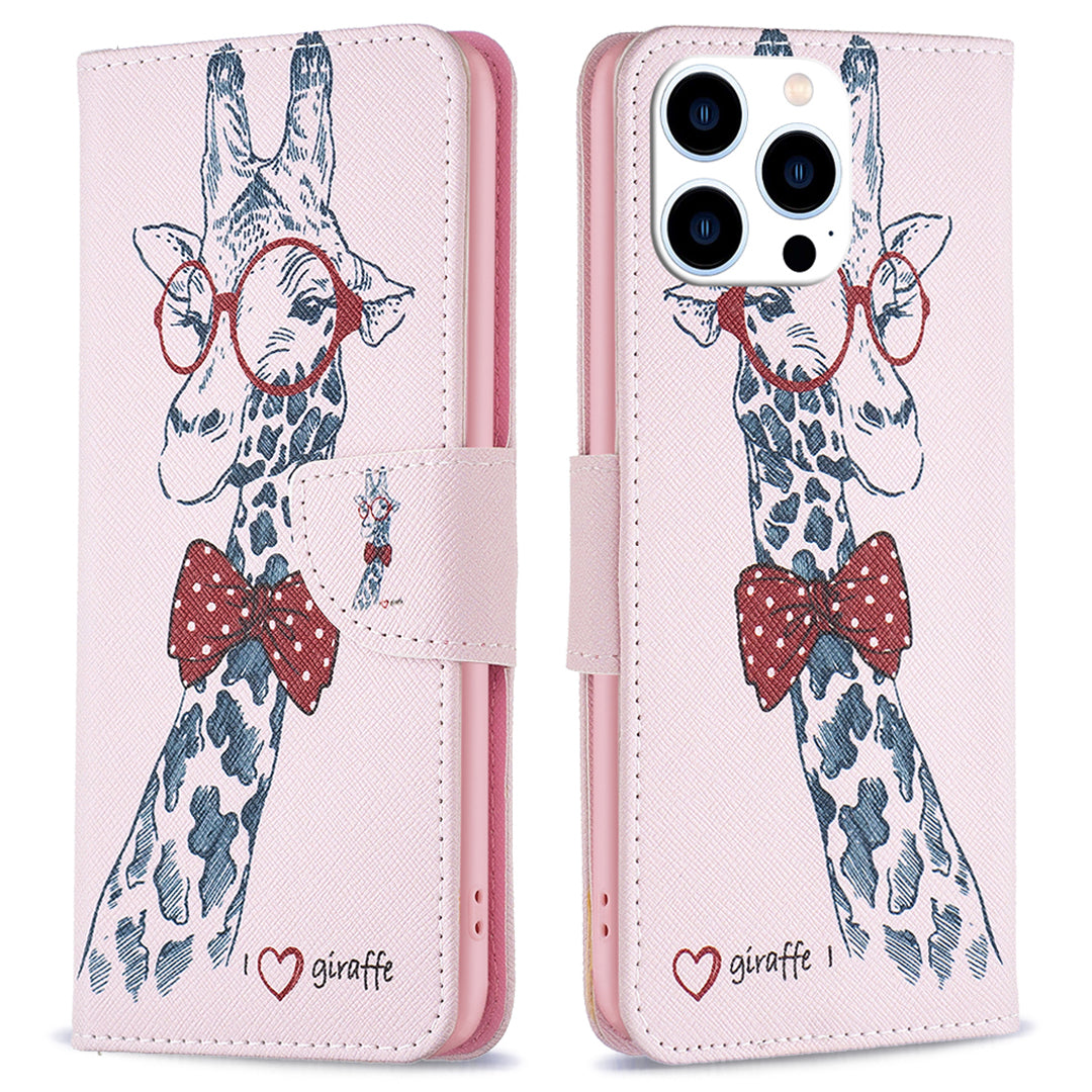 PU Leather Pattern Printing Wallet Case for iPhone 15 Pro , Stand Anti-drop Phone Cover - Giraffe