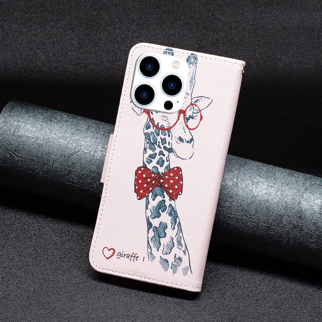 PU Leather Pattern Printing Wallet Case for iPhone 15 Pro , Stand Anti-drop Phone Cover - Giraffe