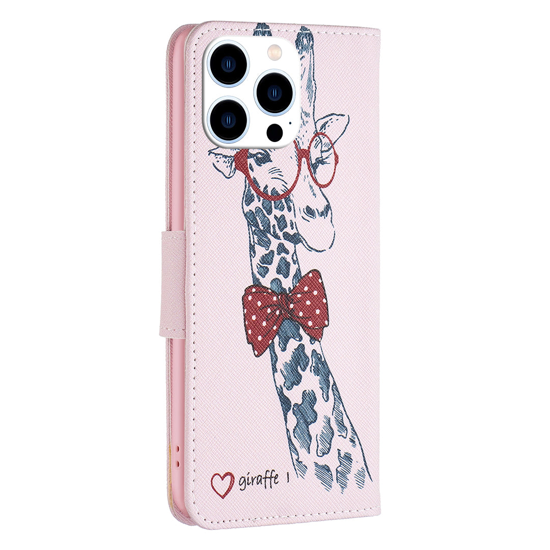 PU Leather Pattern Printing Wallet Case for iPhone 15 Pro , Stand Anti-drop Phone Cover - Giraffe