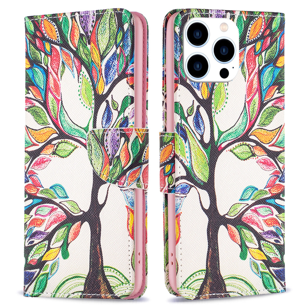 PU Leather Pattern Printing Wallet Case for iPhone 15 Pro , Stand Anti-drop Phone Cover - Life Tree