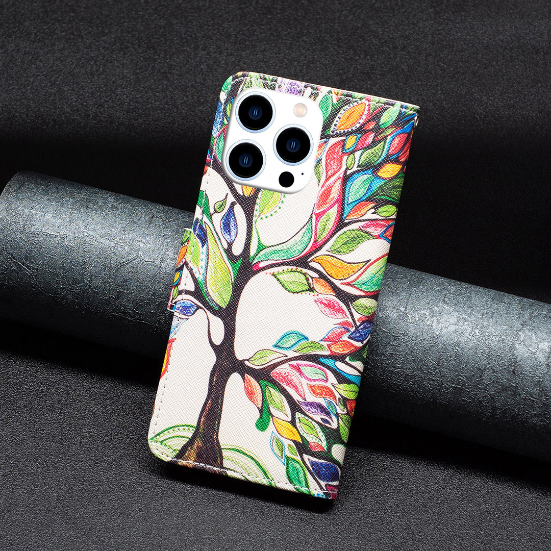 PU Leather Pattern Printing Wallet Case for iPhone 15 Pro , Stand Anti-drop Phone Cover - Life Tree