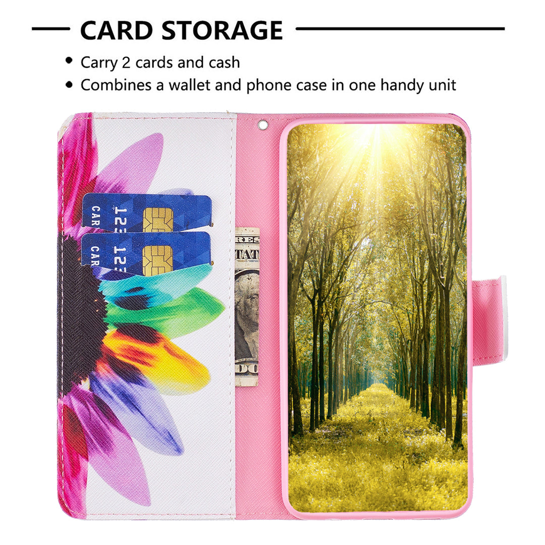 PU Leather Pattern Printing Wallet Case for iPhone 15 Pro , Stand Anti-drop Phone Cover - Sunflower