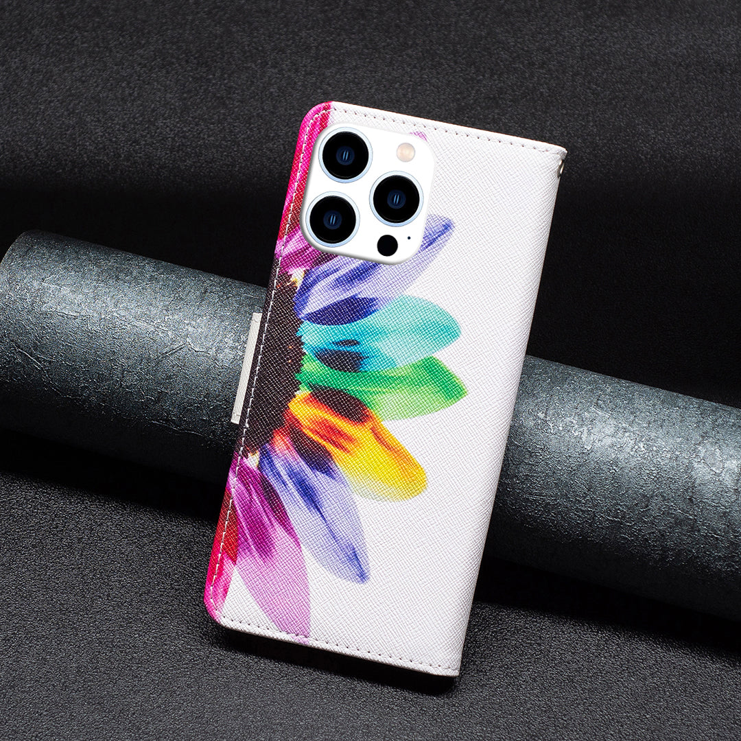 PU Leather Pattern Printing Wallet Case for iPhone 15 Pro , Stand Anti-drop Phone Cover - Sunflower