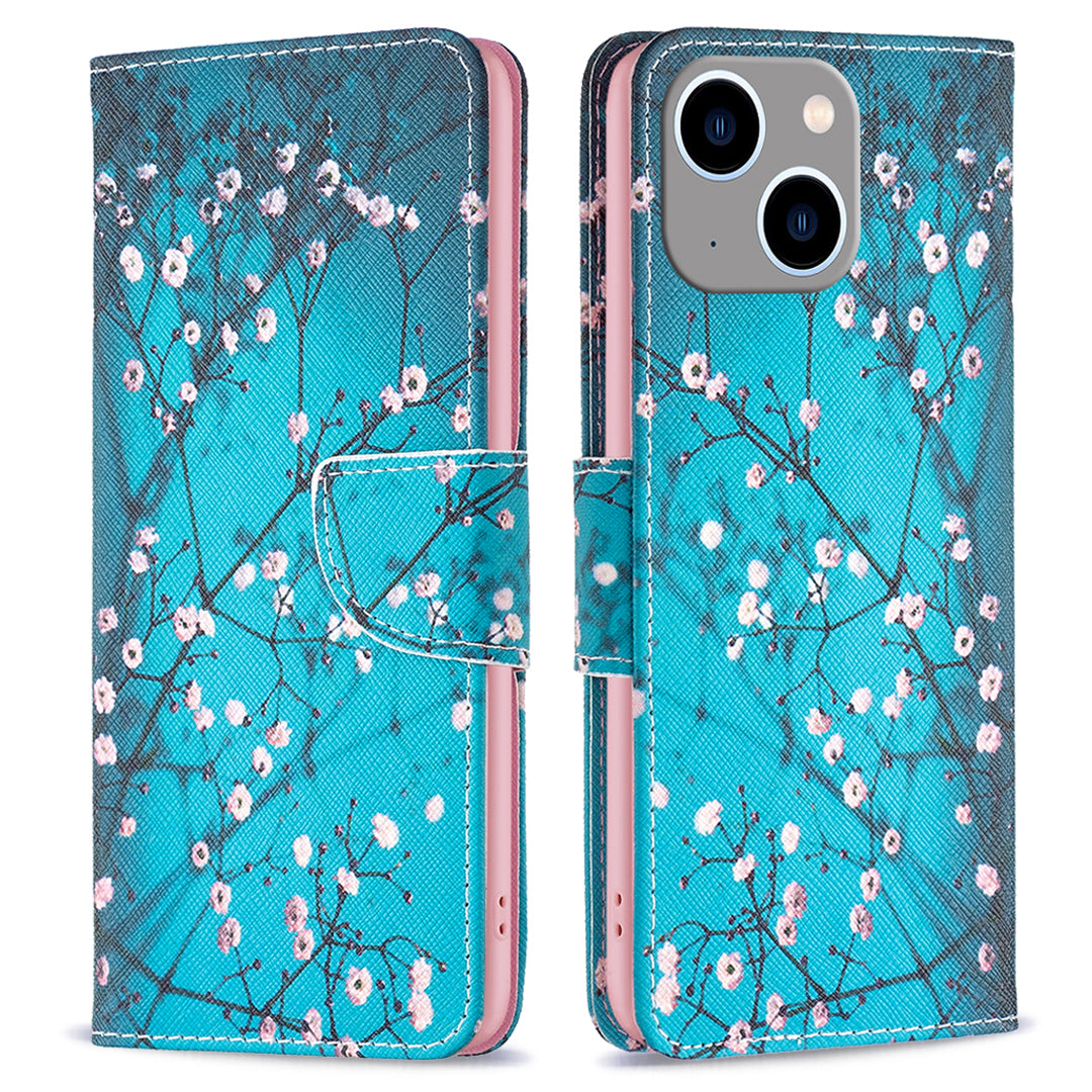 Pattern Printing Phone Leather Case for iPhone 15 Plus , Stand Wallet Full Protection Cover - Plum Blossom