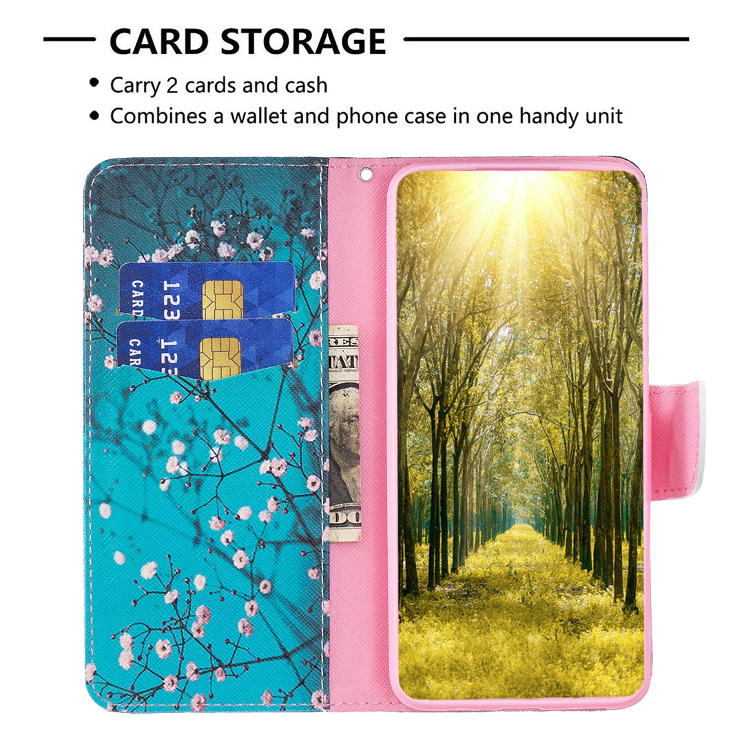 Pattern Printing Phone Leather Case for iPhone 15 Plus , Stand Wallet Full Protection Cover - Plum Blossom