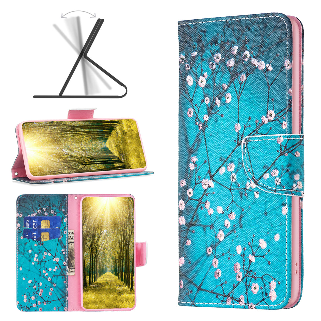 Pattern Printing Phone Leather Case for iPhone 15 Plus , Stand Wallet Full Protection Cover - Plum Blossom