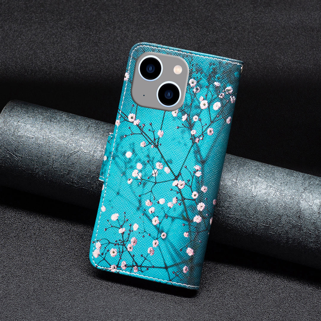 Pattern Printing Phone Leather Case for iPhone 15 Plus , Stand Wallet Full Protection Cover - Plum Blossom