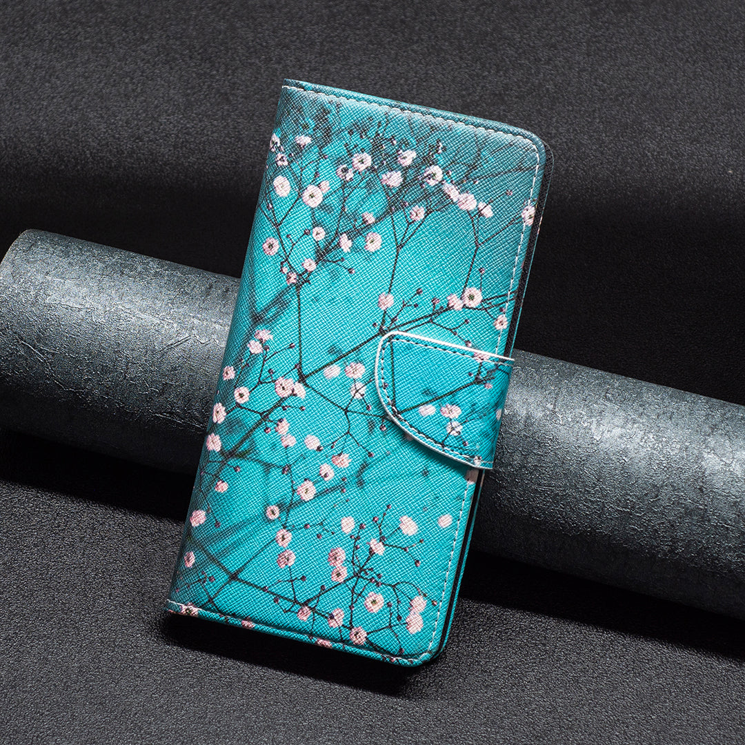Pattern Printing Phone Leather Case for iPhone 15 Plus , Stand Wallet Full Protection Cover - Plum Blossom