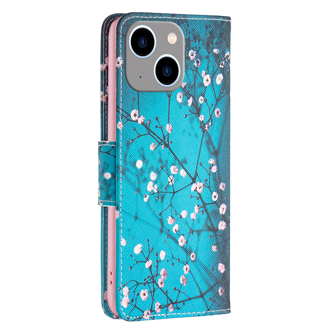 Pattern Printing Phone Leather Case for iPhone 15 Plus , Stand Wallet Full Protection Cover - Plum Blossom