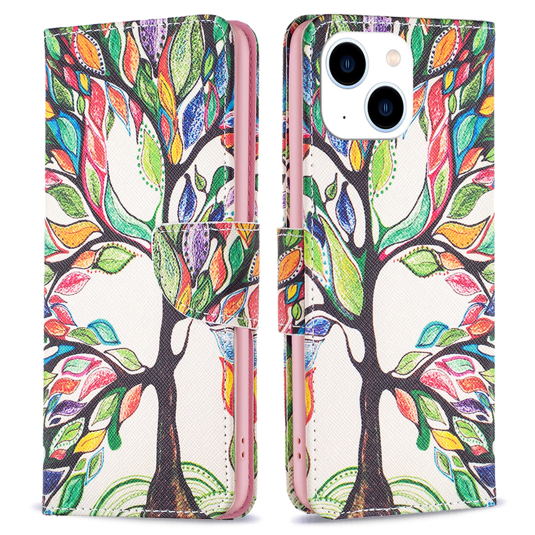 Stand Wallet Phone Case for iPhone 15 , Pattern Printing PU Leather + TPU Phone Cover - Life Tree