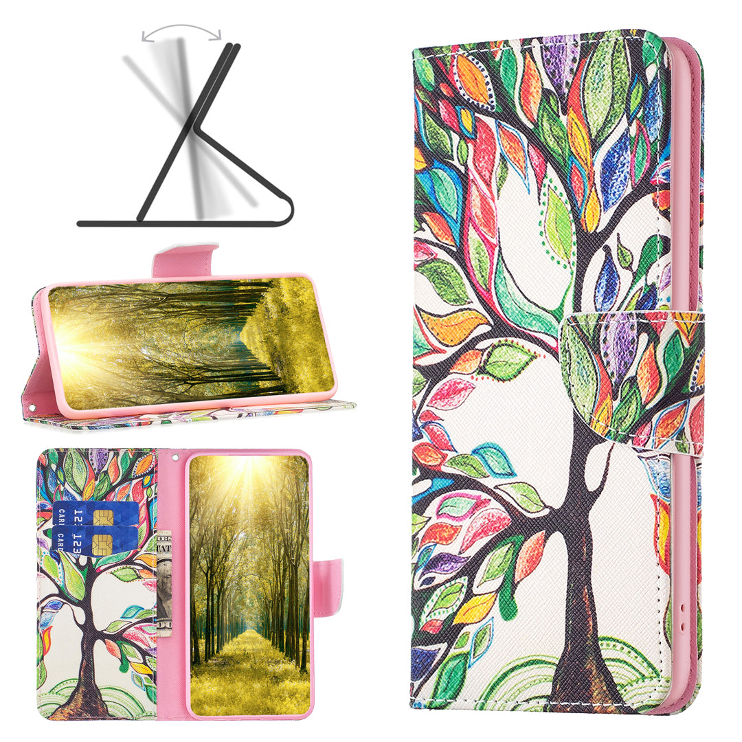 Stand Wallet Phone Case for iPhone 15 , Pattern Printing PU Leather + TPU Phone Cover - Life Tree