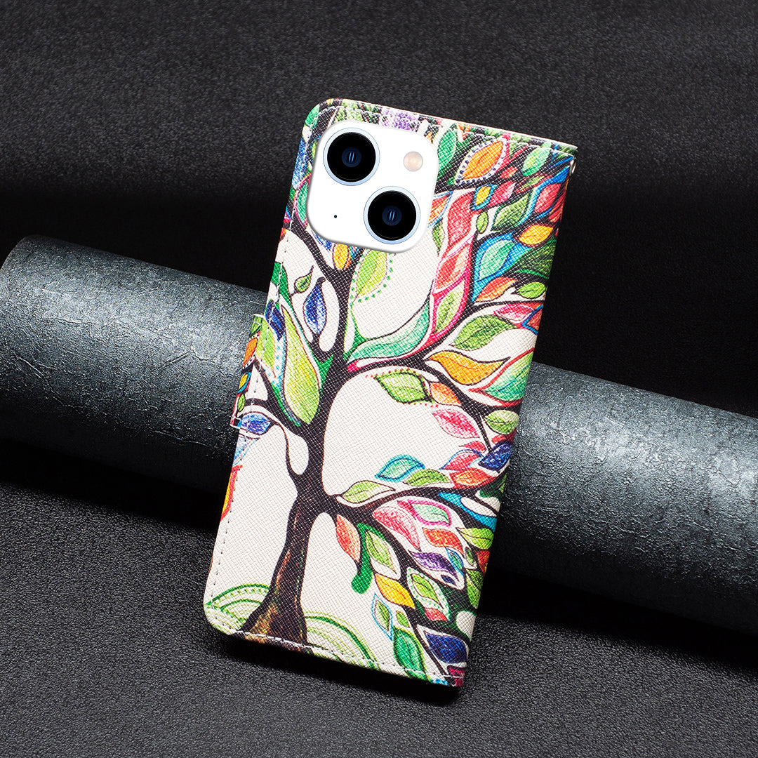 Stand Wallet Phone Case for iPhone 15 , Pattern Printing PU Leather + TPU Phone Cover - Life Tree
