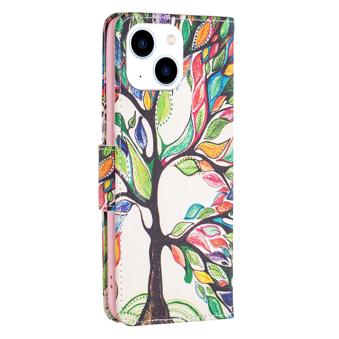 Stand Wallet Phone Case for iPhone 15 , Pattern Printing PU Leather + TPU Phone Cover - Life Tree