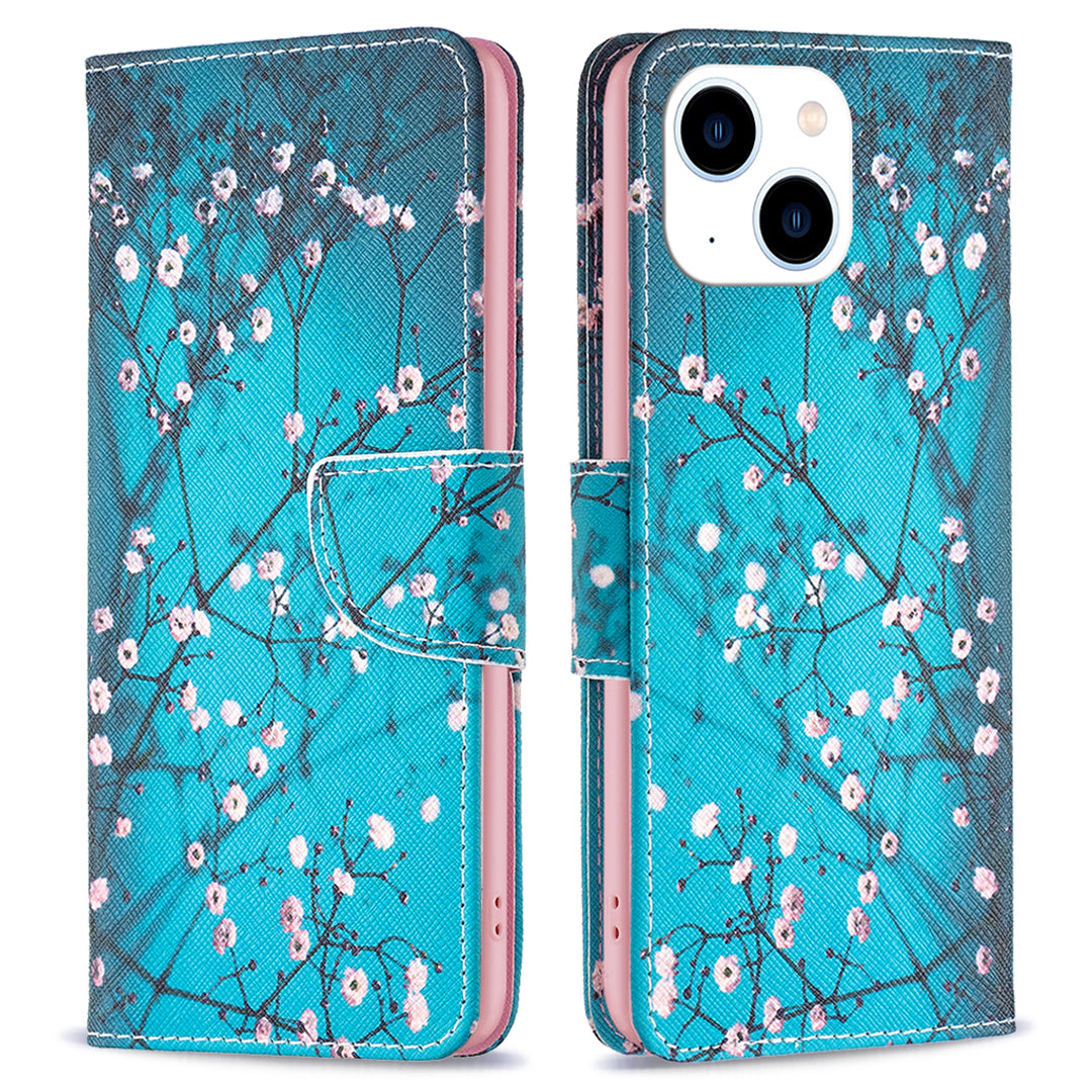 Stand Wallet Phone Case for iPhone 15 , Pattern Printing PU Leather + TPU Phone Cover - Plum Blossom