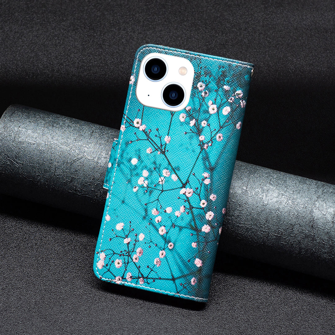 Stand Wallet Phone Case for iPhone 15 , Pattern Printing PU Leather + TPU Phone Cover - Plum Blossom