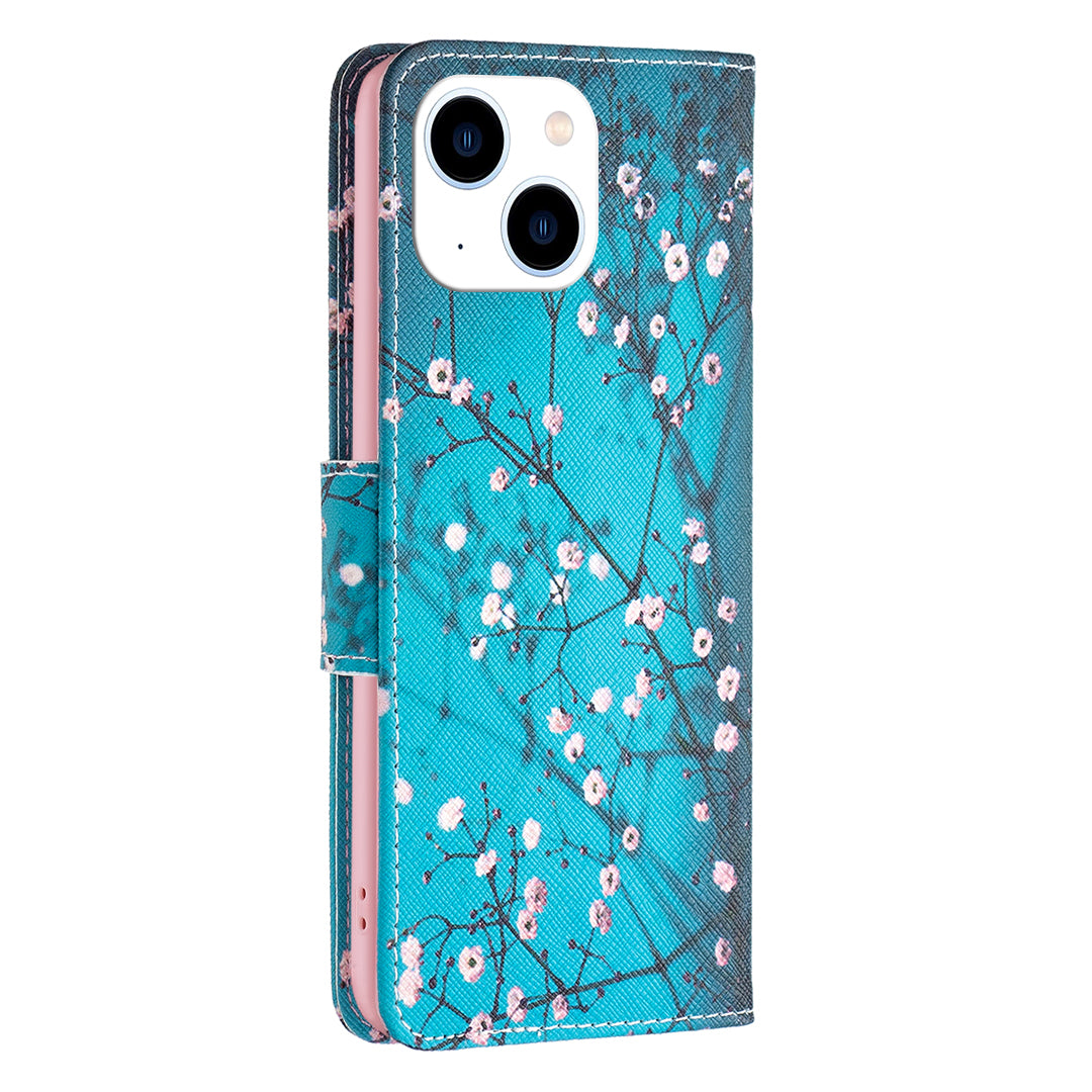 Stand Wallet Phone Case for iPhone 15 , Pattern Printing PU Leather + TPU Phone Cover - Plum Blossom