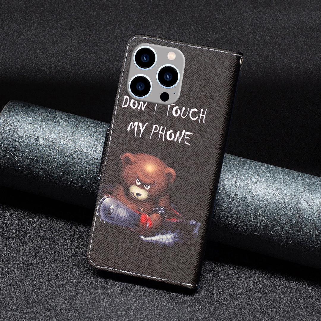 Wallet PU Leather Phone Case for iPhone 15 Pro Max , Pattern Printing Phone Stand Cover - Bear