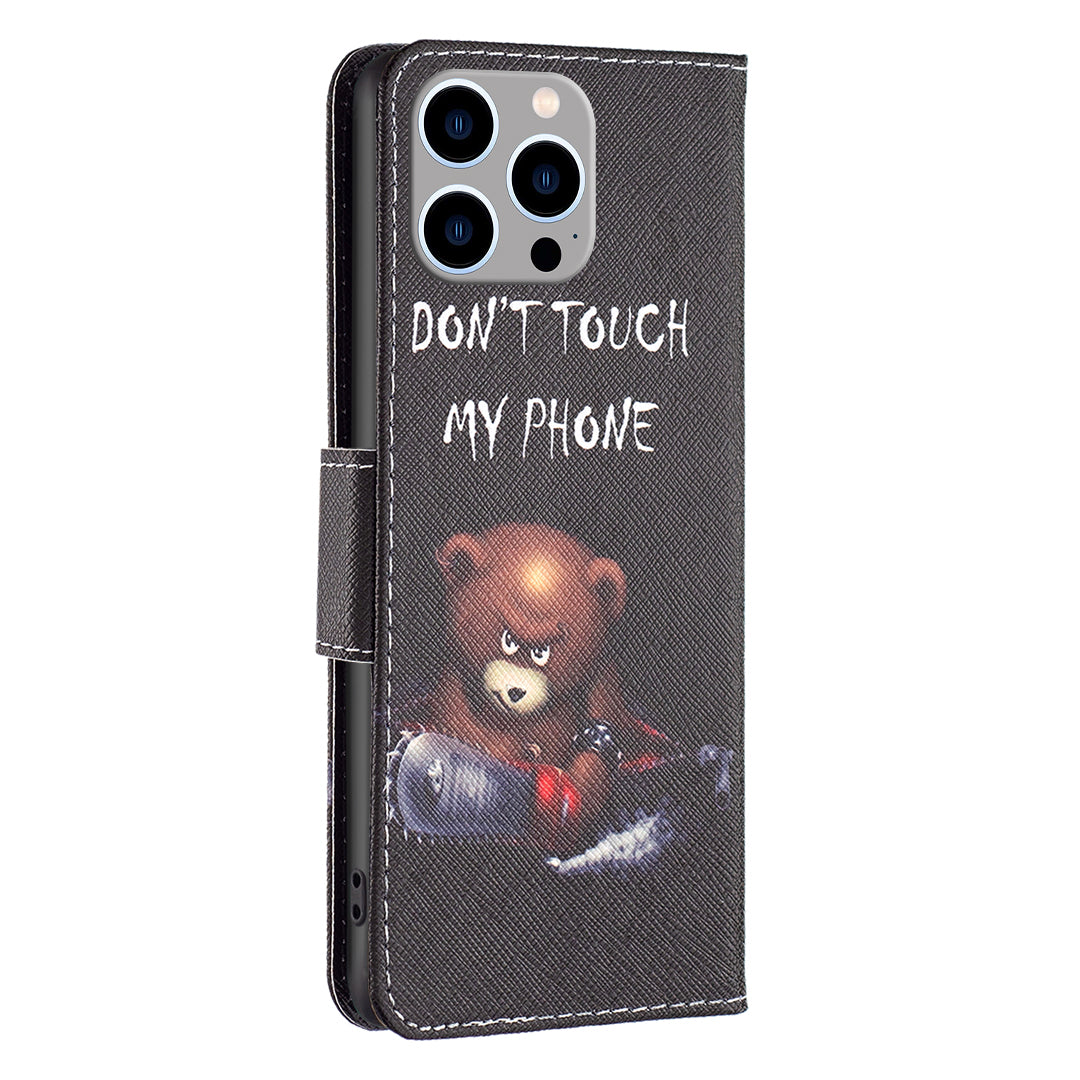 Wallet PU Leather Phone Case for iPhone 15 Pro Max , Pattern Printing Phone Stand Cover - Bear