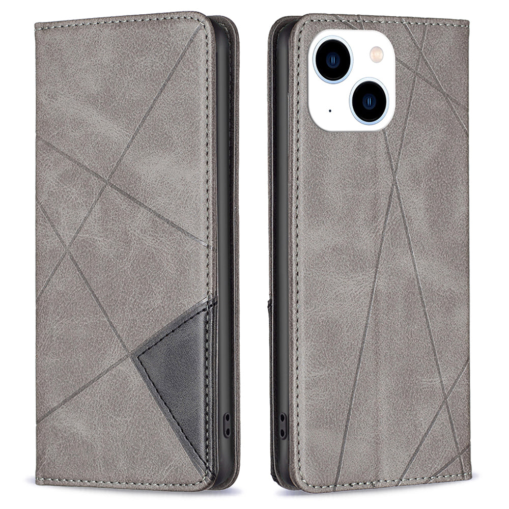 Uniqkart for iPhone 15 Card Holder Shell Imprinted Line Cell Phone Case Stand Leather Phone Cover - Grey