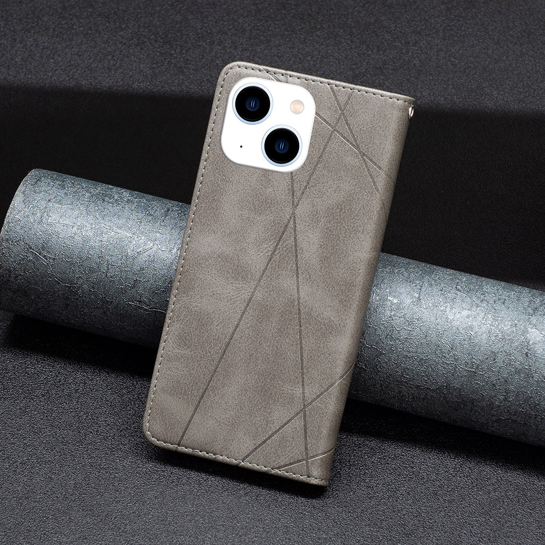 Uniqkart for iPhone 15 Card Holder Shell Imprinted Line Cell Phone Case Stand Leather Phone Cover - Grey