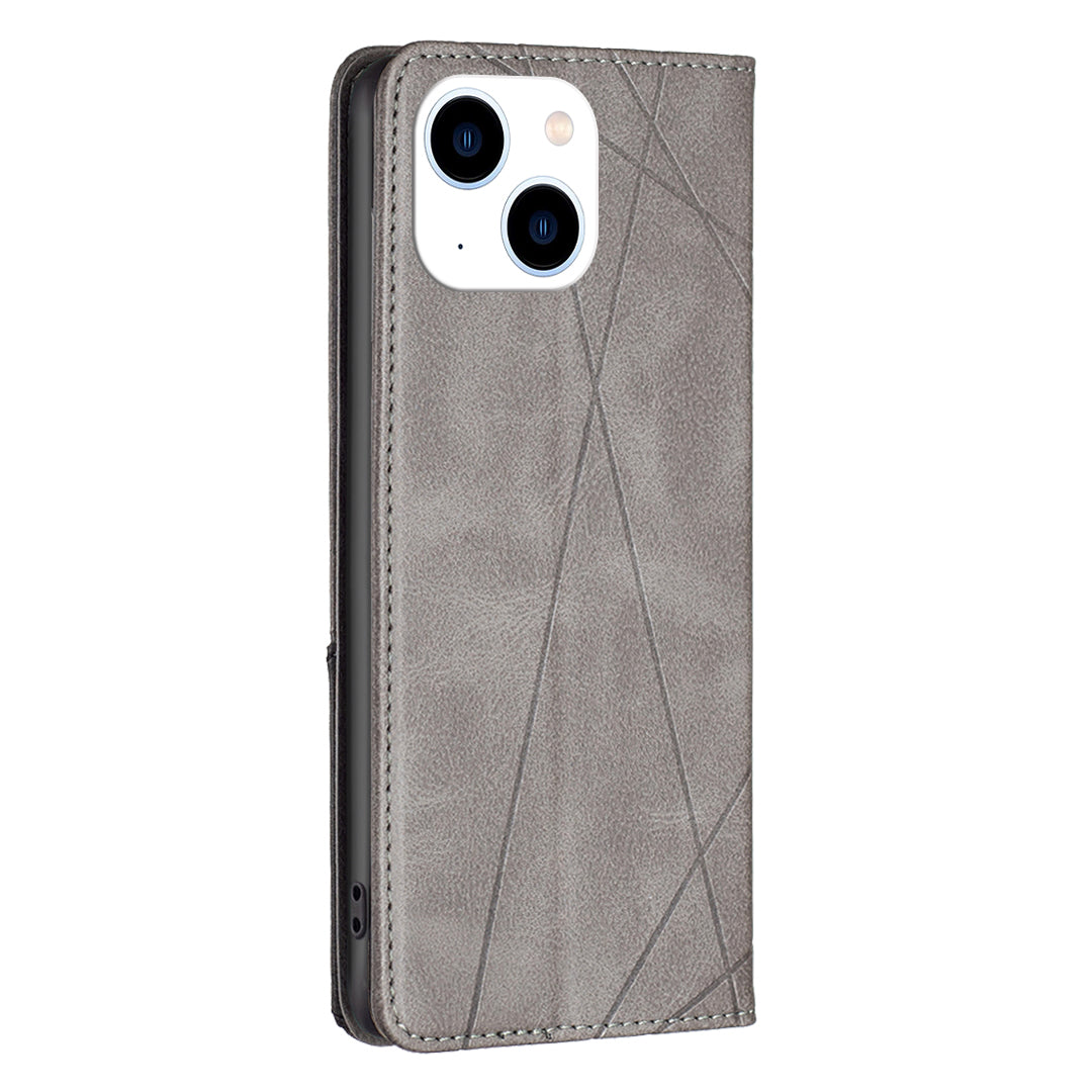 Uniqkart for iPhone 15 Card Holder Shell Imprinted Line Cell Phone Case Stand Leather Phone Cover - Grey
