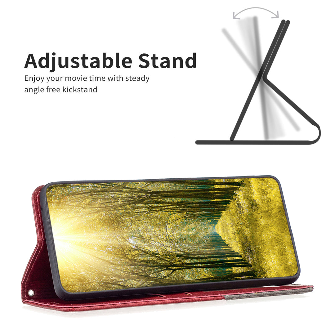 Uniqkart for iPhone 15 Pro Max Stand Leather Phone Cover Card Holder Shell Imprinted Line Cell Phone Case - Red