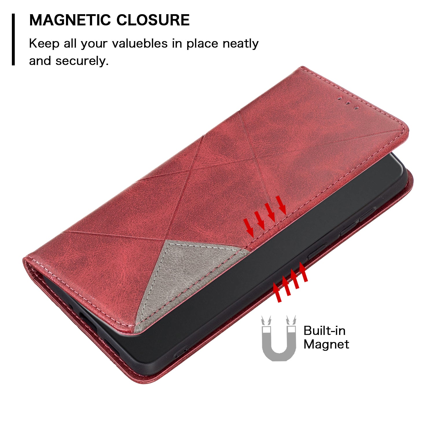 Uniqkart for iPhone 15 Pro Max Stand Leather Phone Cover Card Holder Shell Imprinted Line Cell Phone Case - Red
