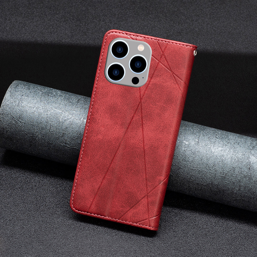 Uniqkart for iPhone 15 Pro Max Stand Leather Phone Cover Card Holder Shell Imprinted Line Cell Phone Case - Red