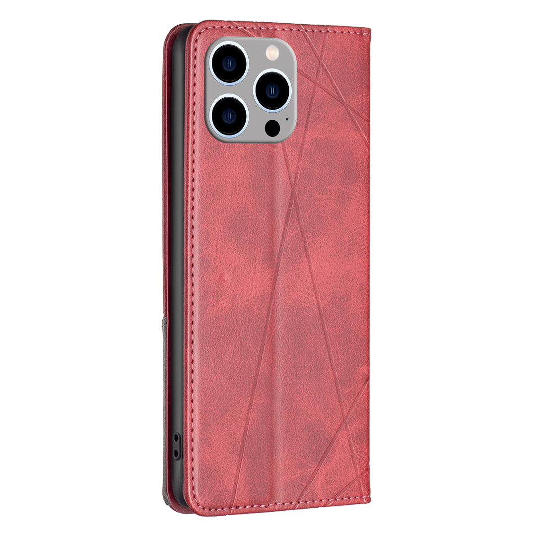 Uniqkart for iPhone 15 Pro Max Stand Leather Phone Cover Card Holder Shell Imprinted Line Cell Phone Case - Red