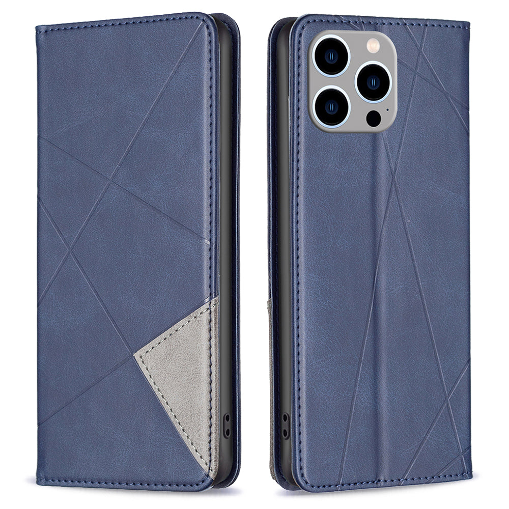 Uniqkart for iPhone 15 Pro Max Stand Leather Phone Cover Card Holder Shell Imprinted Line Cell Phone Case - Blue