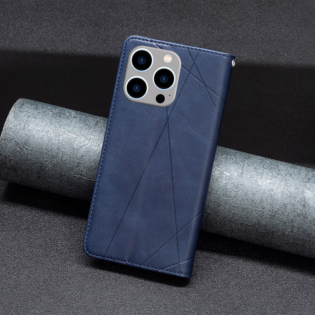 Uniqkart for iPhone 15 Pro Max Stand Leather Phone Cover Card Holder Shell Imprinted Line Cell Phone Case - Blue