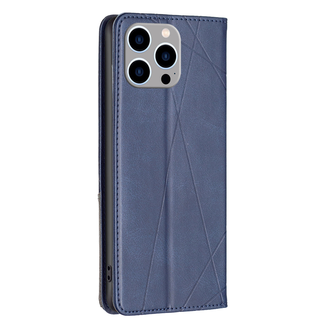 Uniqkart for iPhone 15 Pro Max Stand Leather Phone Cover Card Holder Shell Imprinted Line Cell Phone Case - Blue