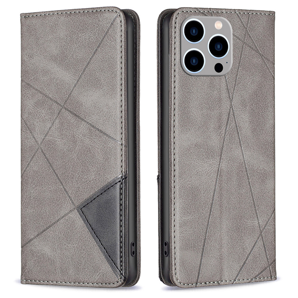 Uniqkart for iPhone 15 Pro Max Stand Leather Phone Cover Card Holder Shell Imprinted Line Cell Phone Case - Grey
