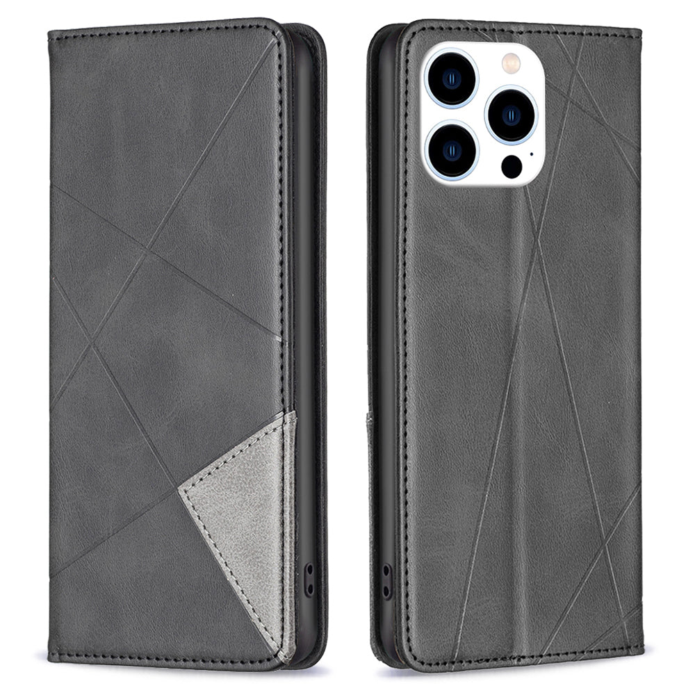 Uniqkart for iPhone 15 Pro Imprinted Line Cell Phone Case Stand Card Holder Shell Leather Phone Cover - Black