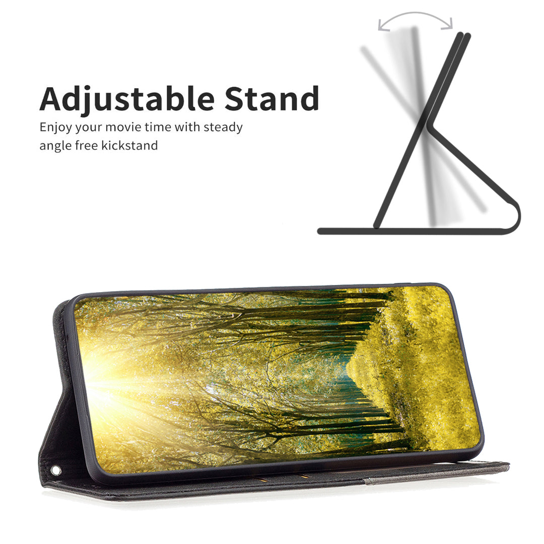 Uniqkart for iPhone 15 Pro Imprinted Line Cell Phone Case Stand Card Holder Shell Leather Phone Cover - Black