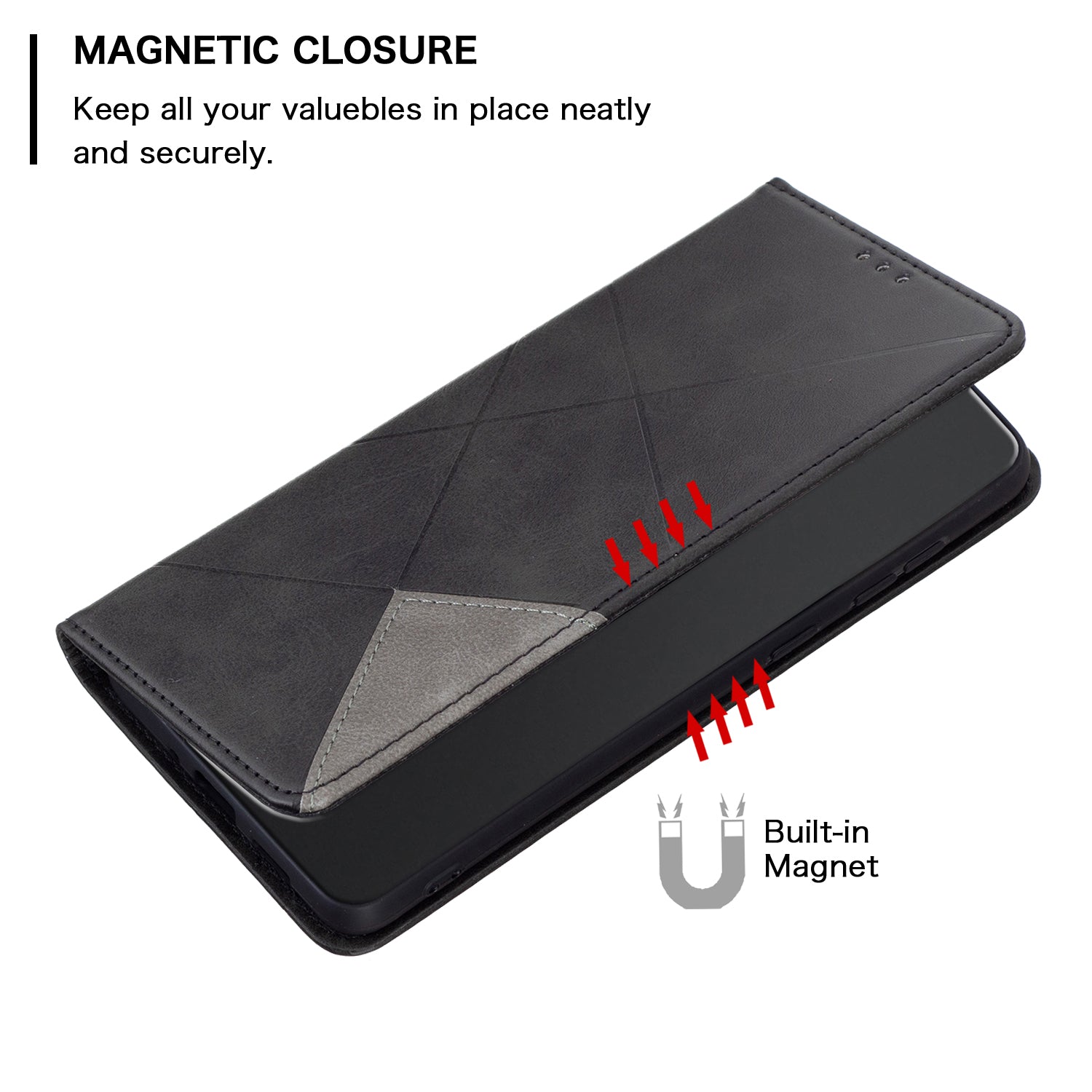 Uniqkart for iPhone 15 Pro Imprinted Line Cell Phone Case Stand Card Holder Shell Leather Phone Cover - Black
