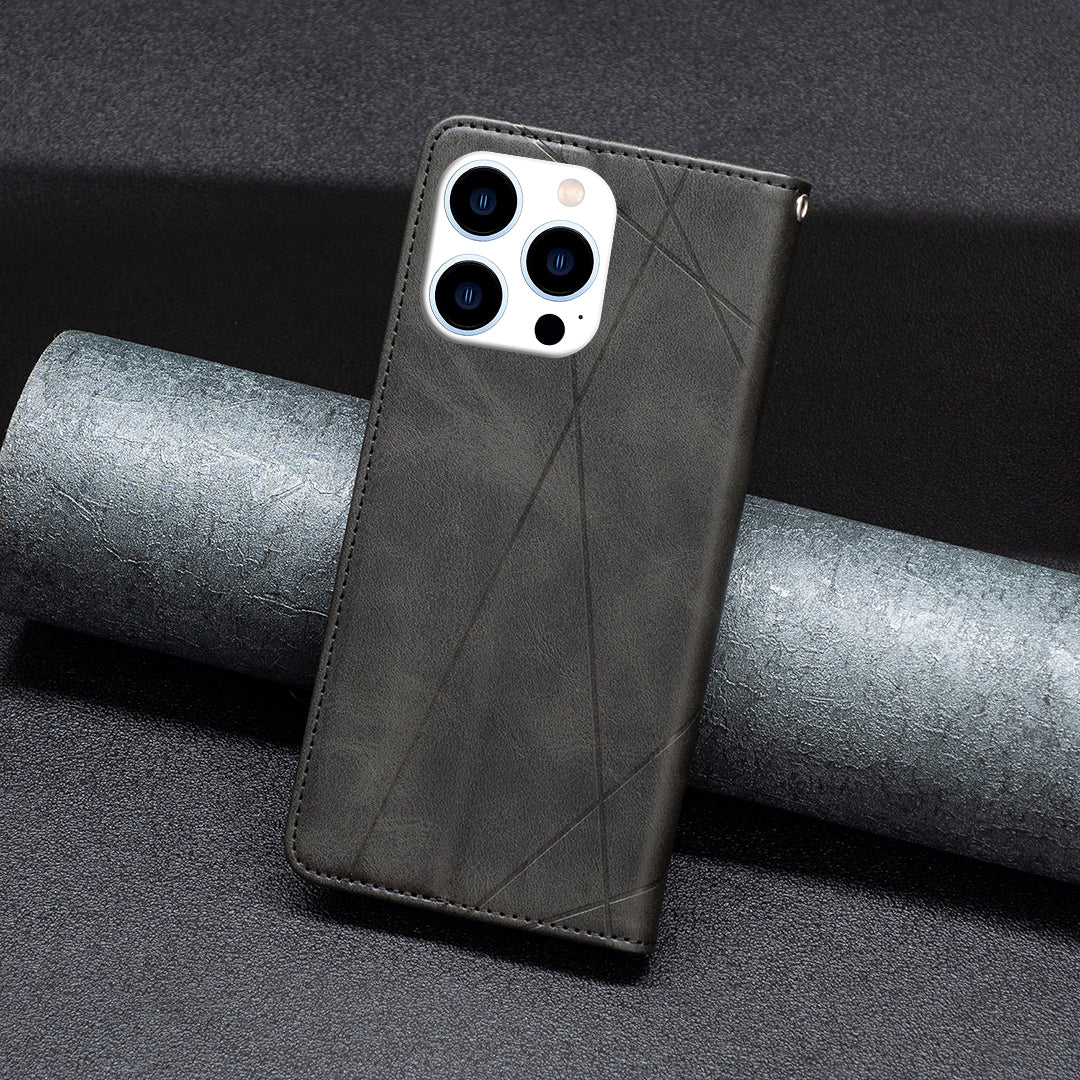 Uniqkart for iPhone 15 Pro Imprinted Line Cell Phone Case Stand Card Holder Shell Leather Phone Cover - Black