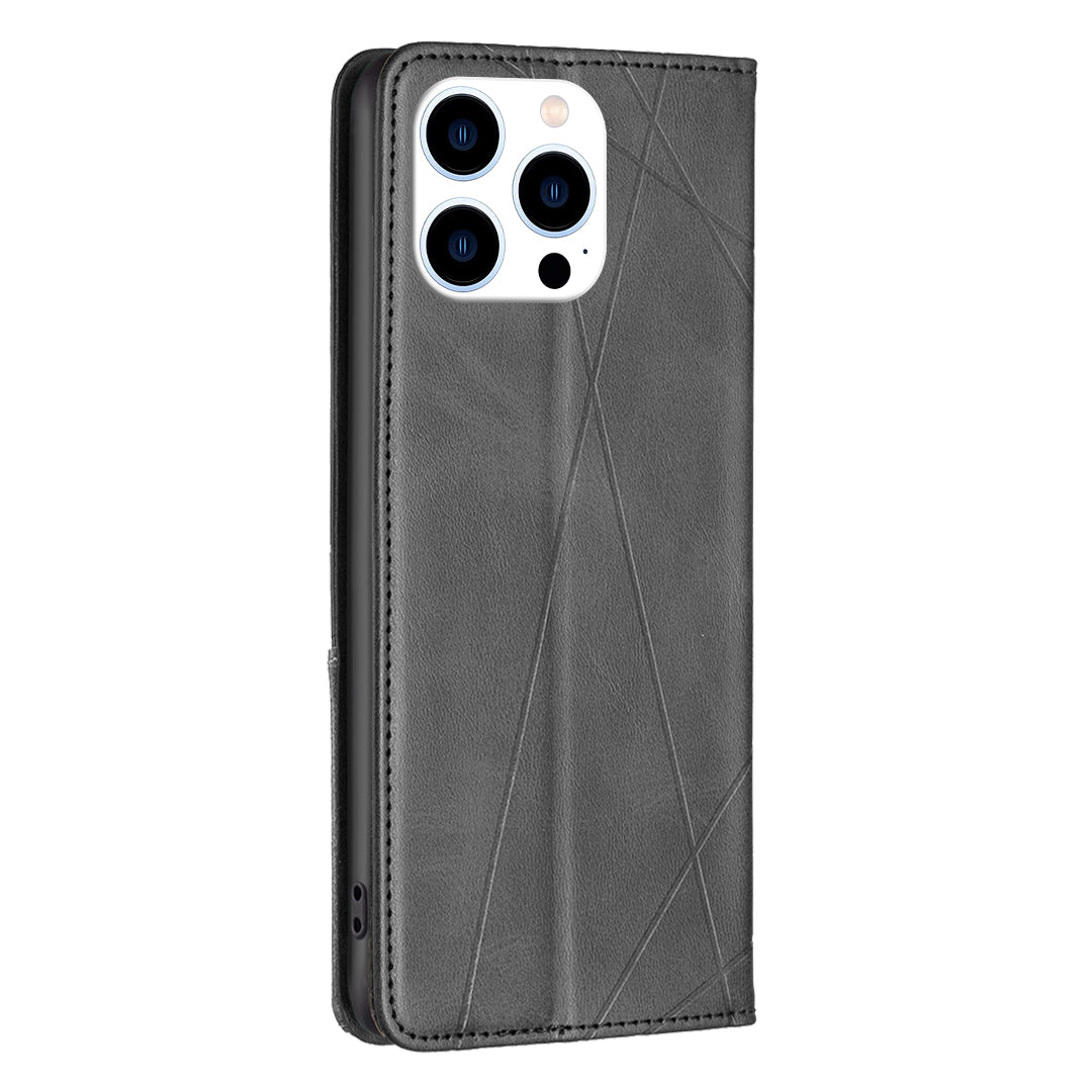 Uniqkart for iPhone 15 Pro Imprinted Line Cell Phone Case Stand Card Holder Shell Leather Phone Cover - Black