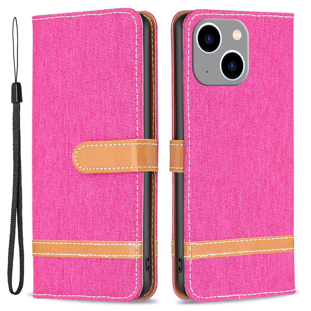 Uniqkart for iPhone 15 Plus PU Leather + TPU Phone Case Jeans Cloth Splicing Wallet Stand Anti-scratch Cover - Rose