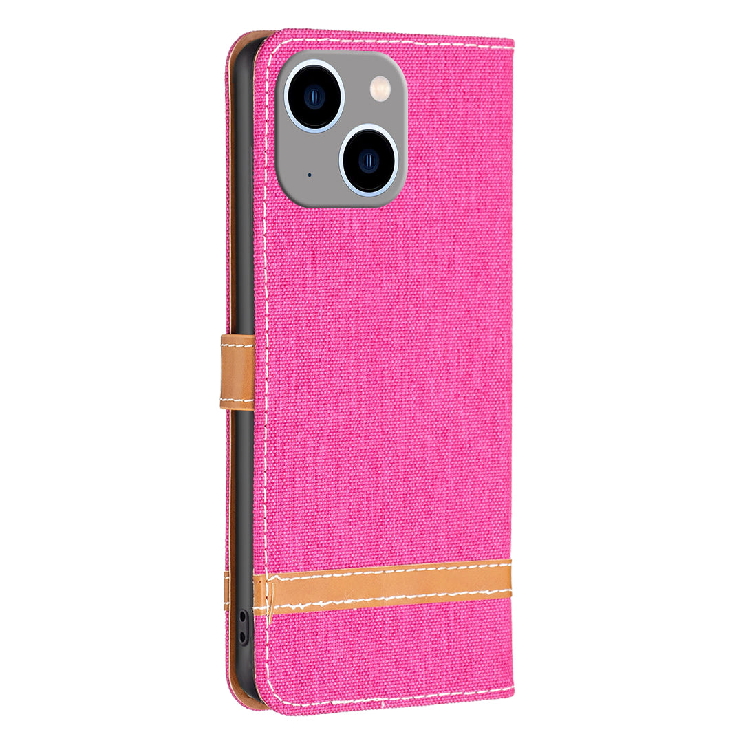 Uniqkart for iPhone 15 Plus PU Leather + TPU Phone Case Jeans Cloth Splicing Wallet Stand Anti-scratch Cover - Rose
