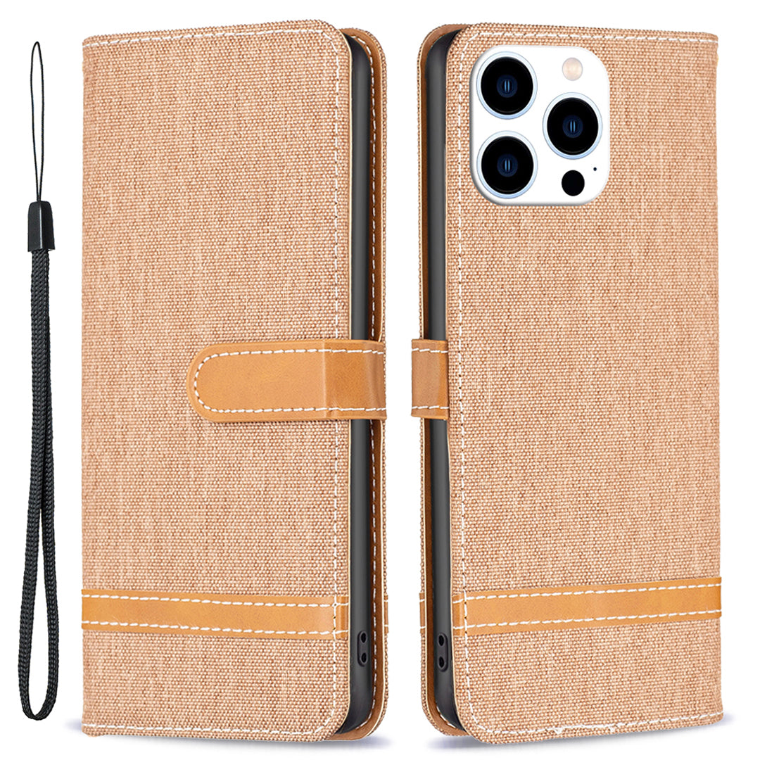 Uniqkart for iPhone 15 Pro Jeans Cloth Splicing PU Leather + TPU Bump Proof Phone Case Wallet Stand Cover - Brown