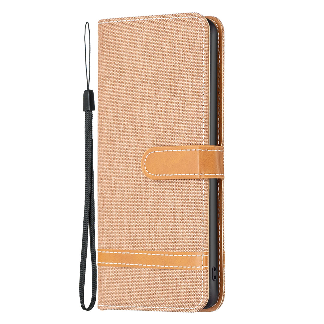 Uniqkart for iPhone 15 Pro Jeans Cloth Splicing PU Leather + TPU Bump Proof Phone Case Wallet Stand Cover - Brown