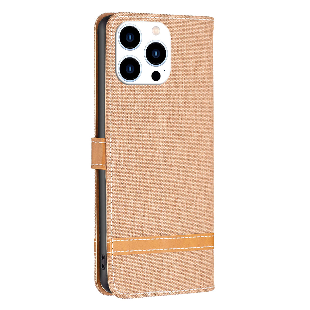 Uniqkart for iPhone 15 Pro Jeans Cloth Splicing PU Leather + TPU Bump Proof Phone Case Wallet Stand Cover - Brown