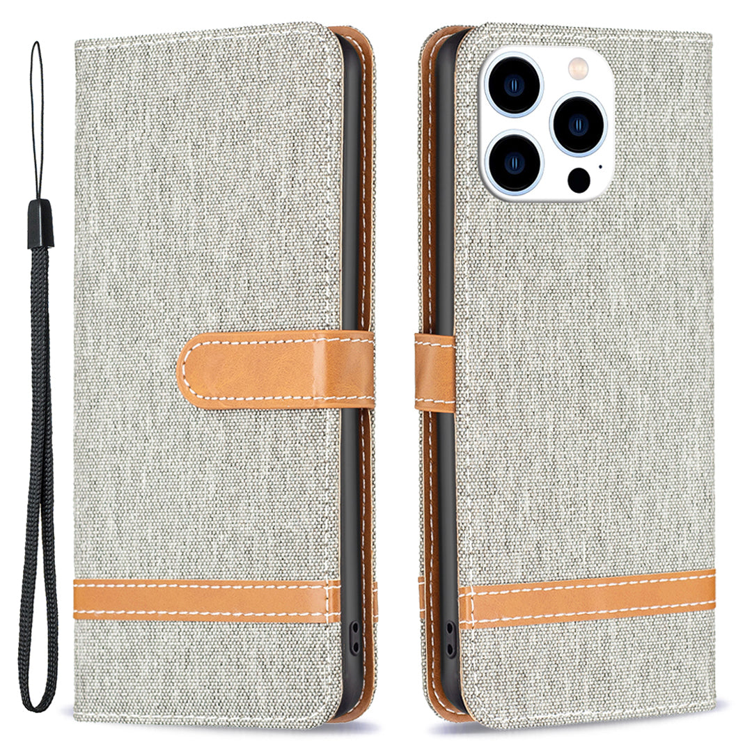 Uniqkart for iPhone 15 Pro Jeans Cloth Splicing PU Leather + TPU Bump Proof Phone Case Wallet Stand Cover - Grey