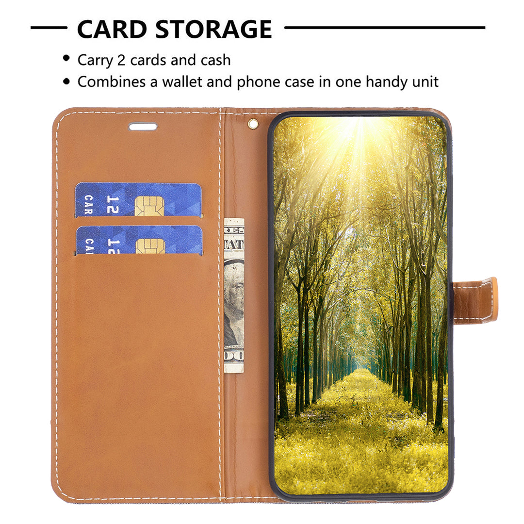 Uniqkart for iPhone 15 Pro Jeans Cloth Splicing PU Leather + TPU Bump Proof Phone Case Wallet Stand Cover - Grey