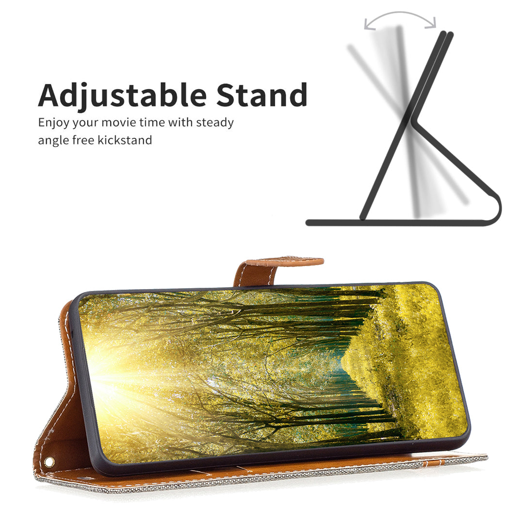 Uniqkart for iPhone 15 Pro Jeans Cloth Splicing PU Leather + TPU Bump Proof Phone Case Wallet Stand Cover - Grey