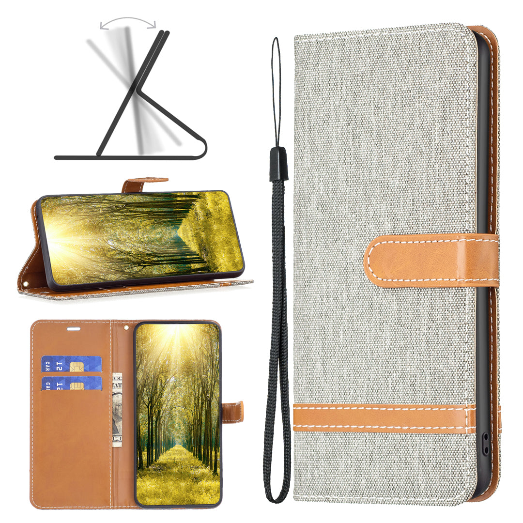 Uniqkart for iPhone 15 Pro Jeans Cloth Splicing PU Leather + TPU Bump Proof Phone Case Wallet Stand Cover - Grey