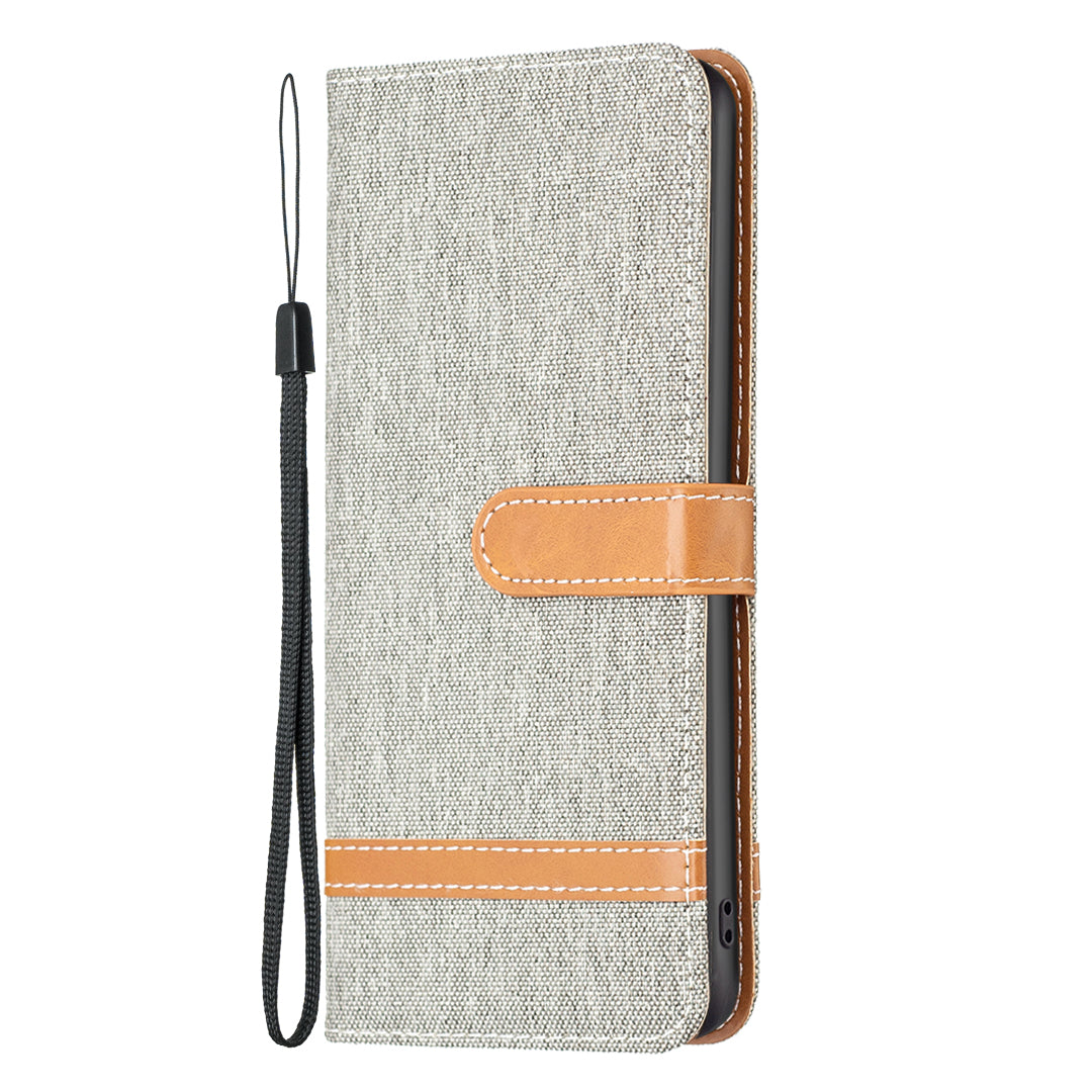 Uniqkart for iPhone 15 Pro Jeans Cloth Splicing PU Leather + TPU Bump Proof Phone Case Wallet Stand Cover - Grey