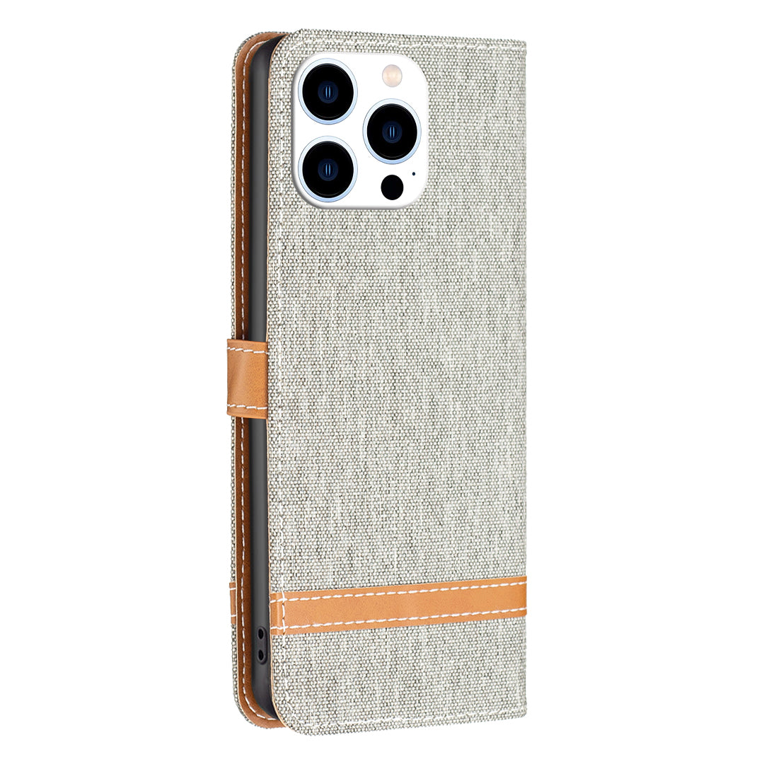 Uniqkart for iPhone 15 Pro Jeans Cloth Splicing PU Leather + TPU Bump Proof Phone Case Wallet Stand Cover - Grey